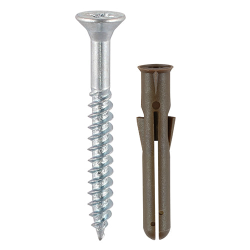 Brown Premium Plastic Plugs With Twin-Threaded Countersunk Silver Woodscrews - 42mm Image